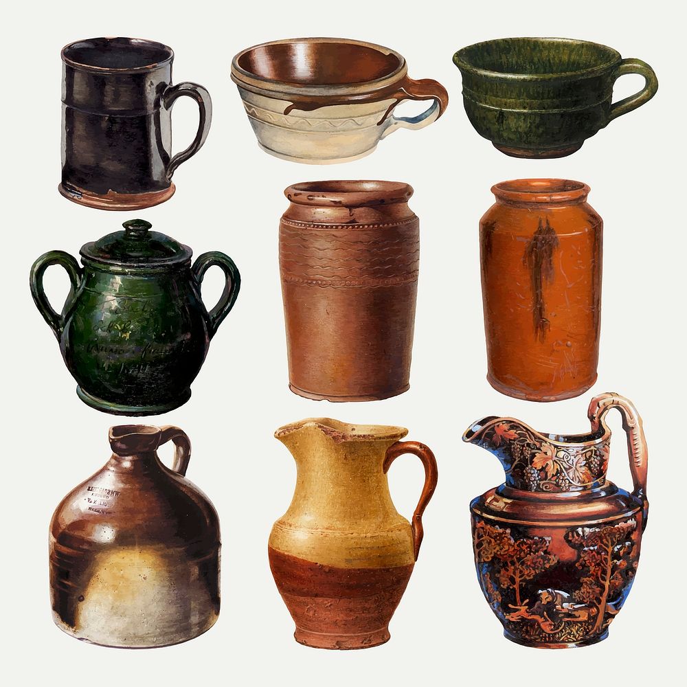 Pottery jugs and mugs vector design element set, remixed from public domain collection