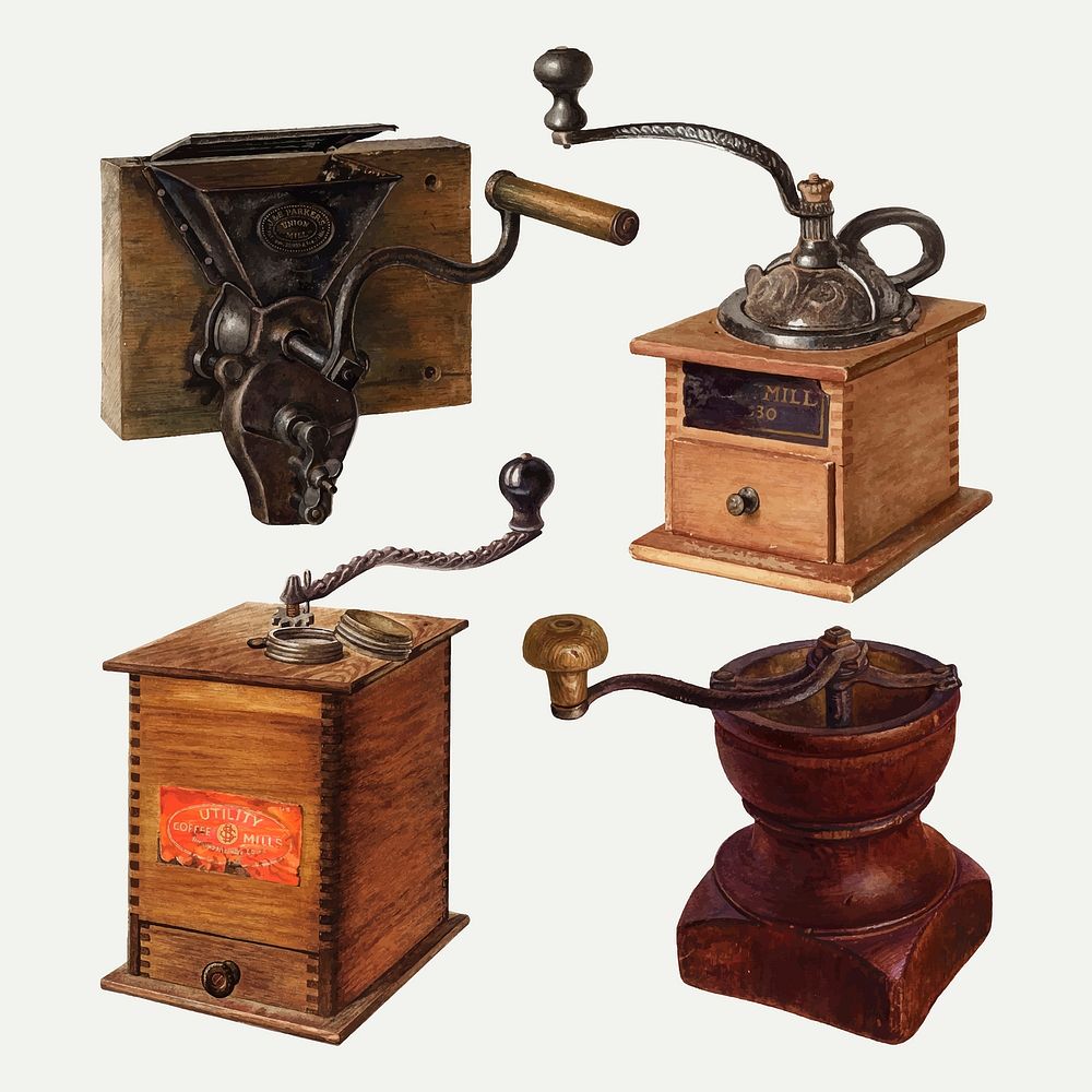 Antique coffee grinders vector design element set, remixed from public domain collection