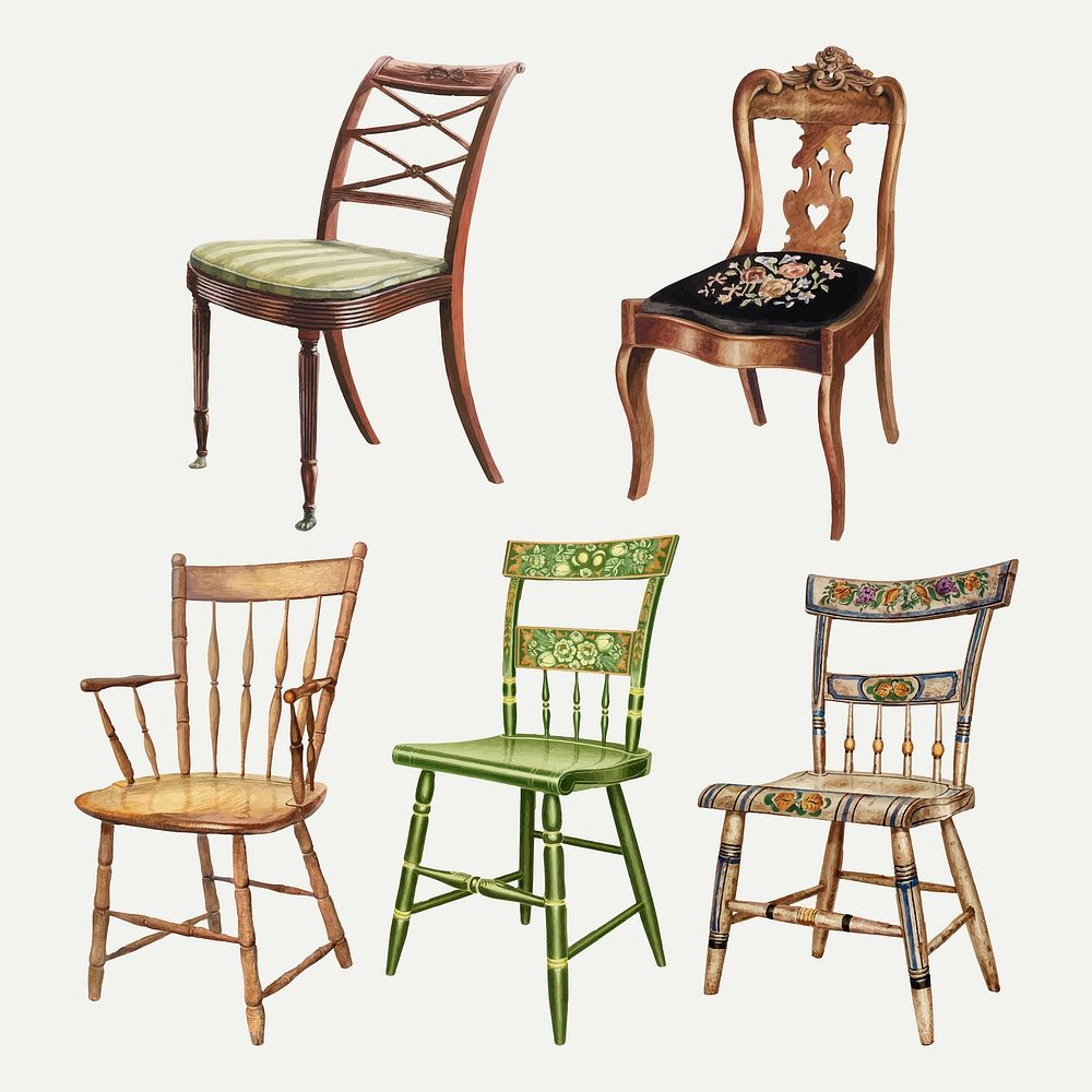 Vintage chair illustration vector set, remixed from public domain collection