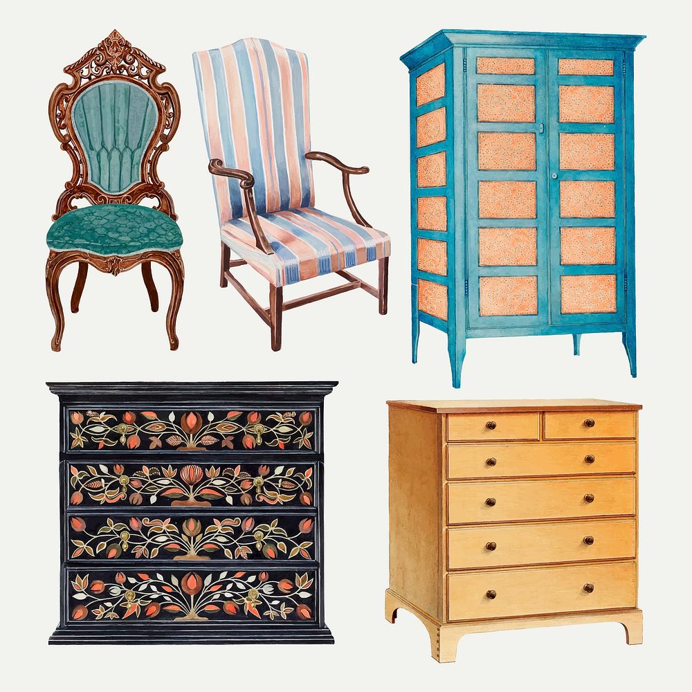 Vintage furniture vector illustration set, remixed from public domain collection