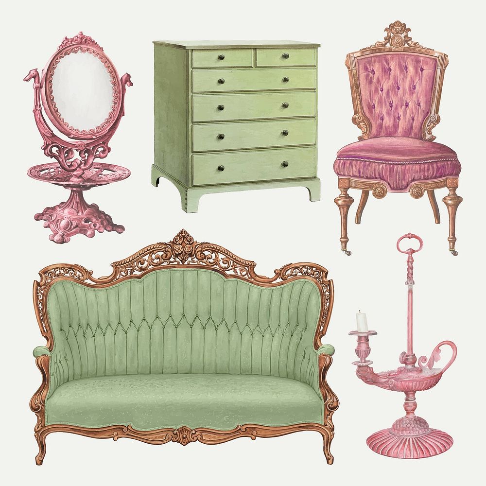 Vintage furniture vector illustration set, remixed from public domain collection