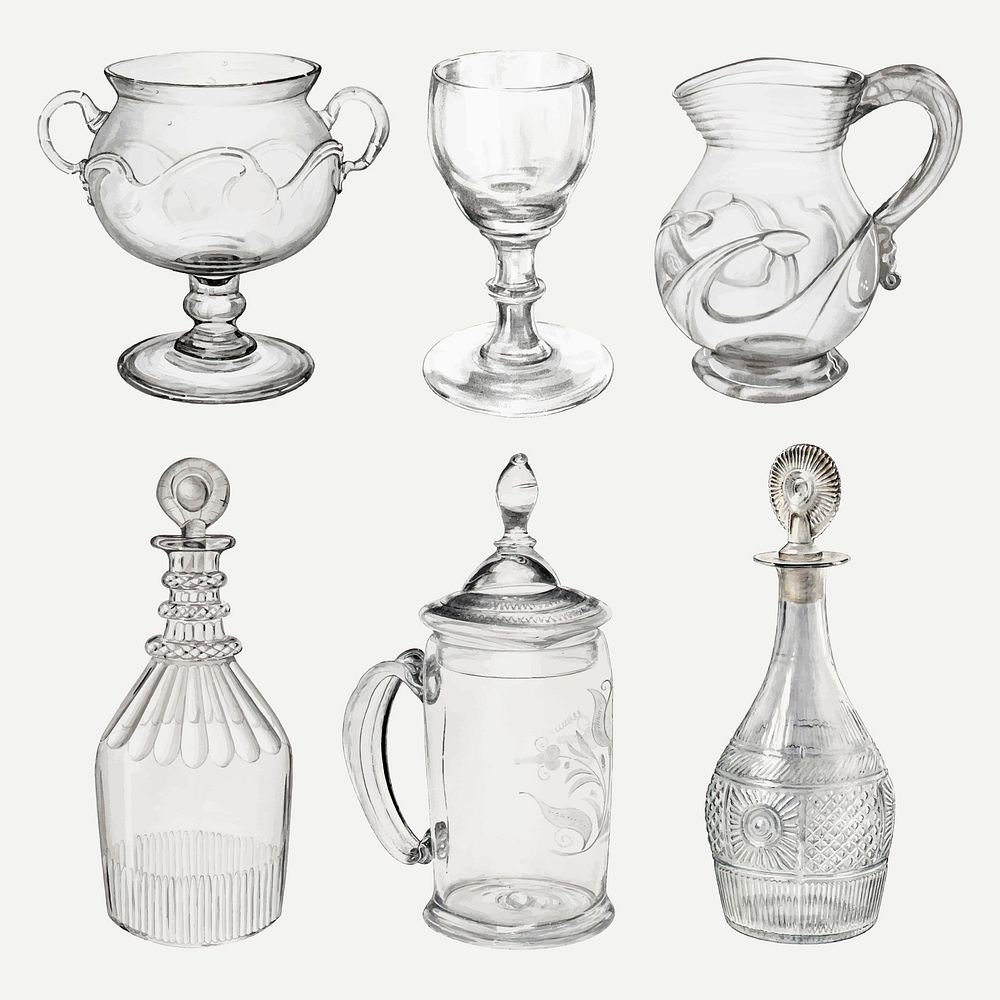 Antique glassware vector design element set, remixed from public domain collection
