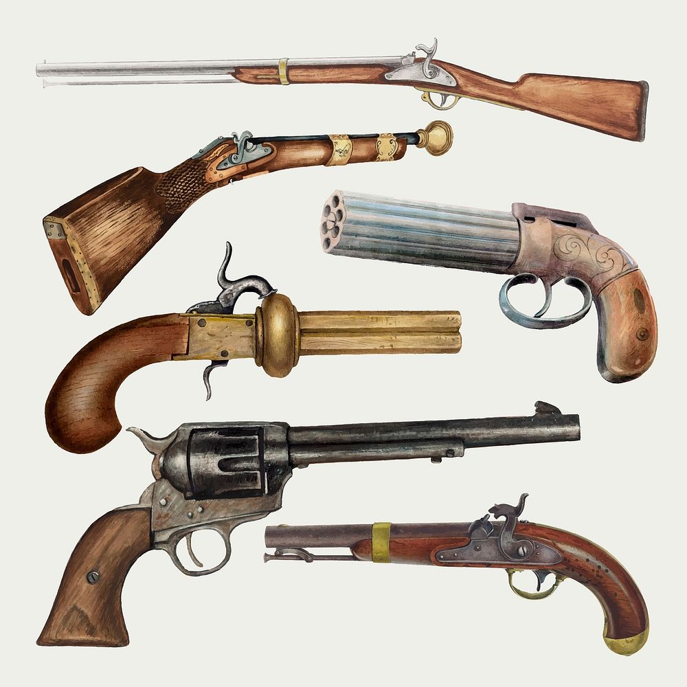 Vintage guns vector set illustration, remixed from public domain collection