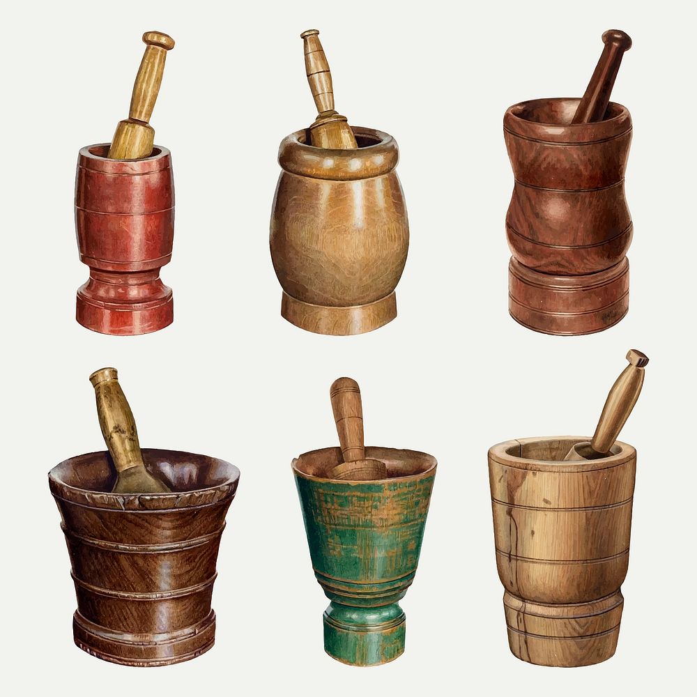 Vintage mortar and pestle vector illustration set, remixed from public domain collection