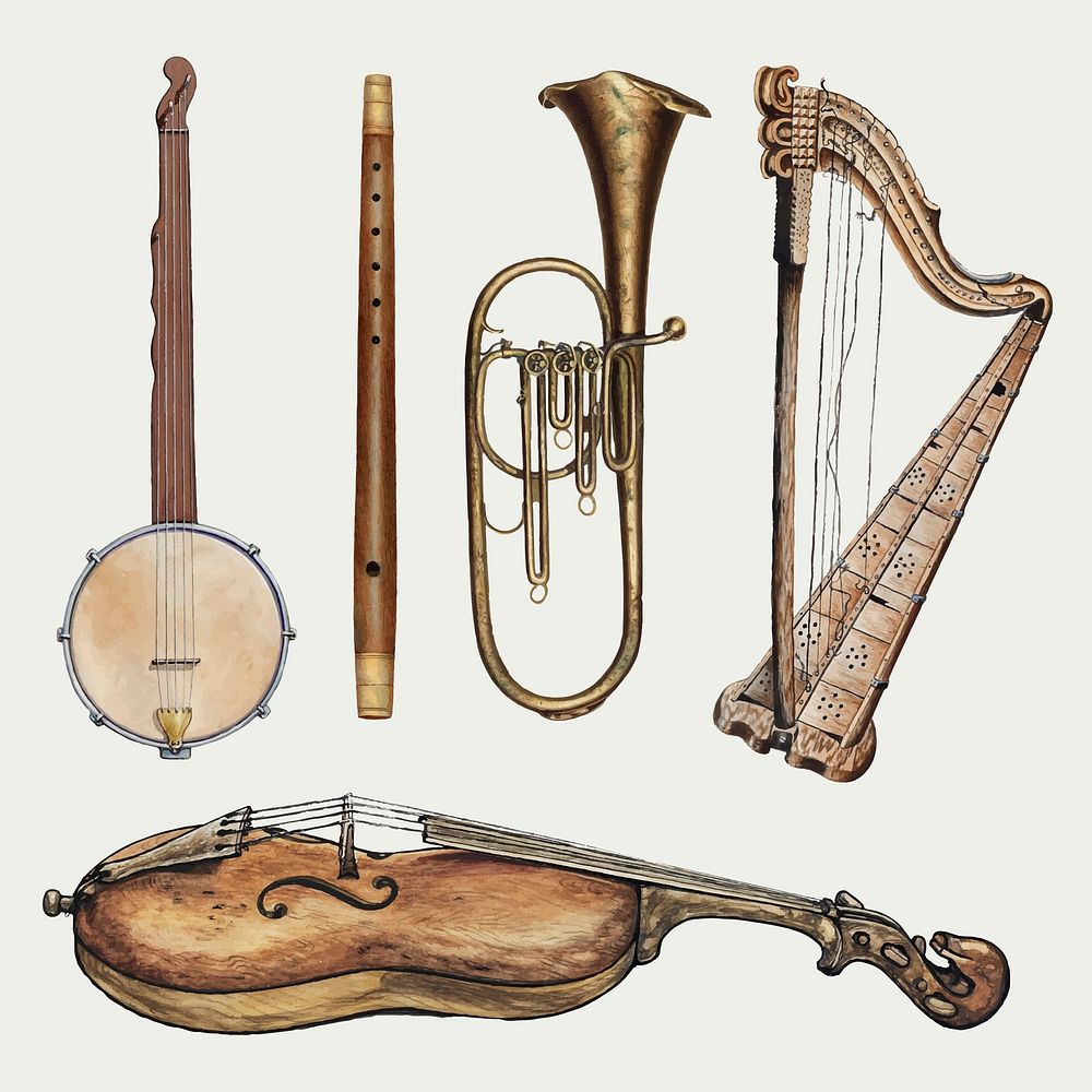 Antique musical instruments vector design element set, remixed from public domain collection