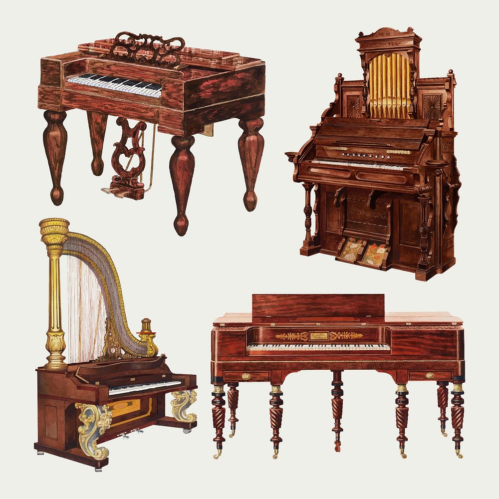 Antique piano and organ vector design element set, remixed from public domain collection