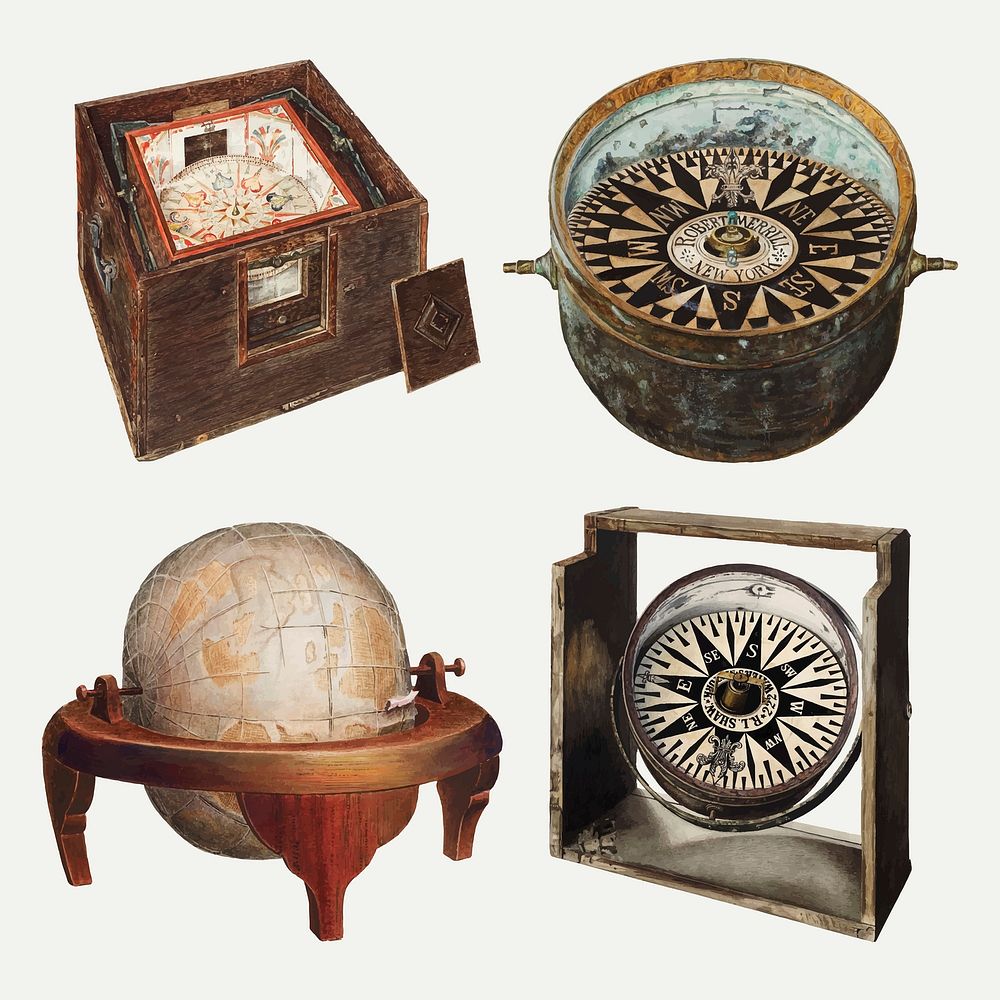 Antique globe and compass vector design element set, remixed from public domain collection
