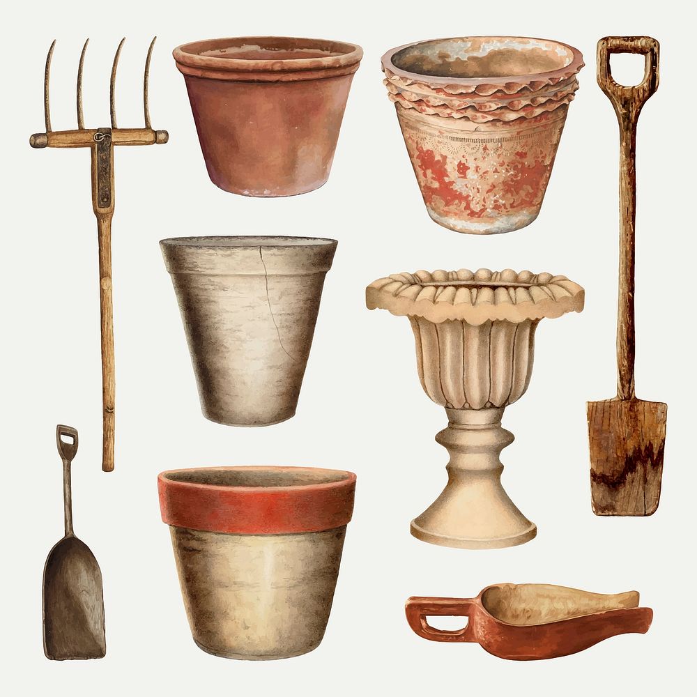 Vintage tools and pot vector illustration set, remixed from public domain collection