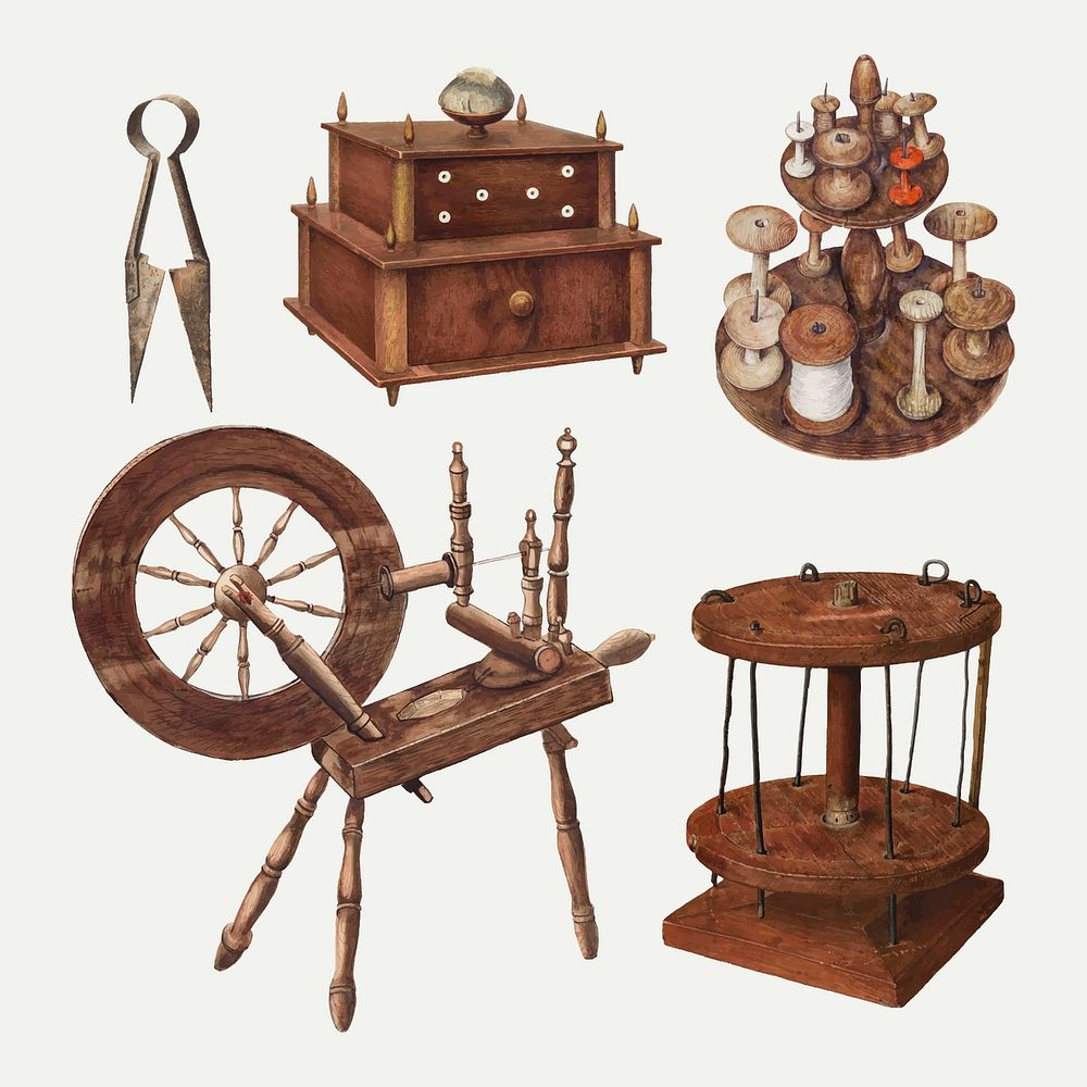 Antique sewing equipment vector design element set, remixed from public domain collection