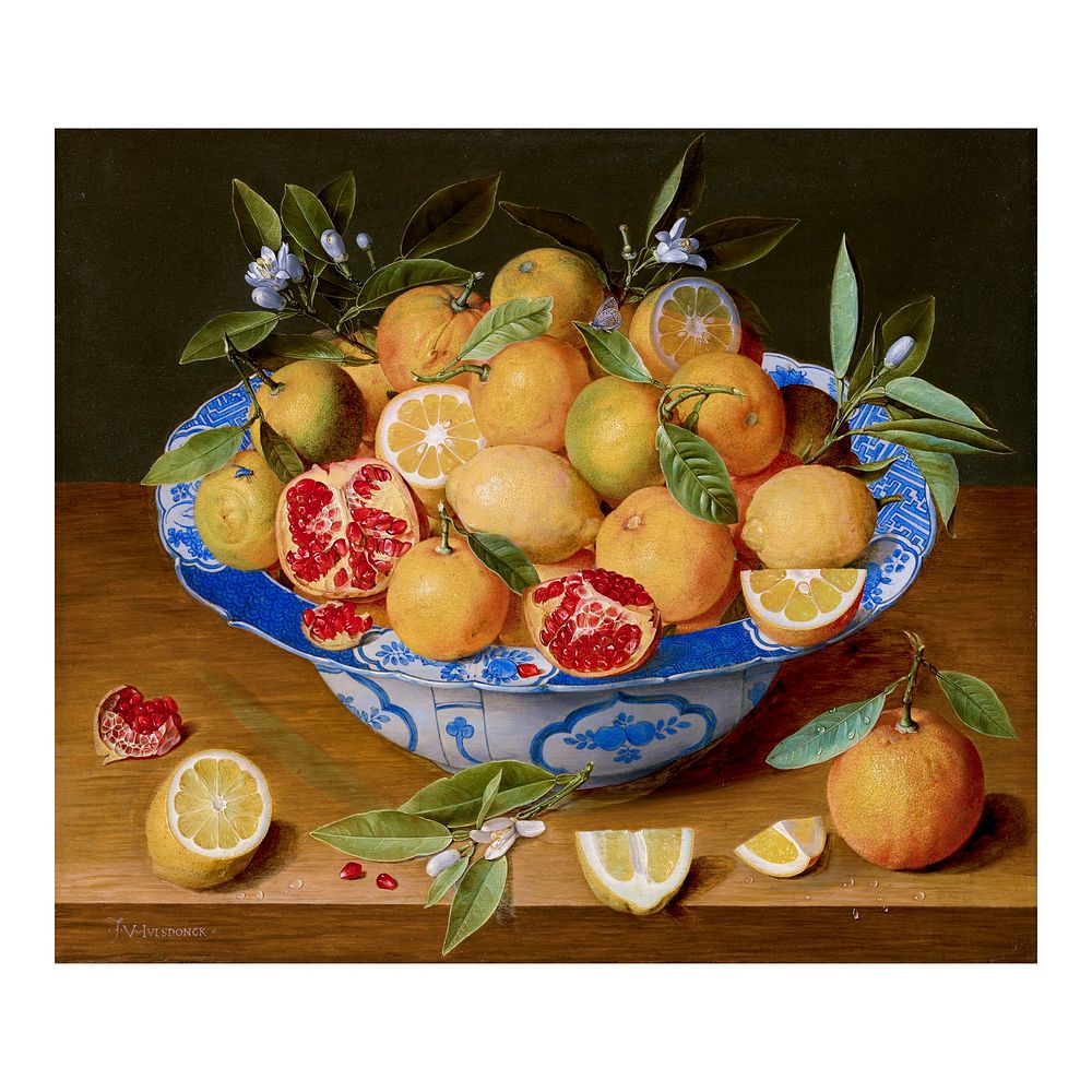 Fruit still life art print, vintage lemons, oranges, and a pomegranate remixed from the artwork of Jacob van Hulsdonck