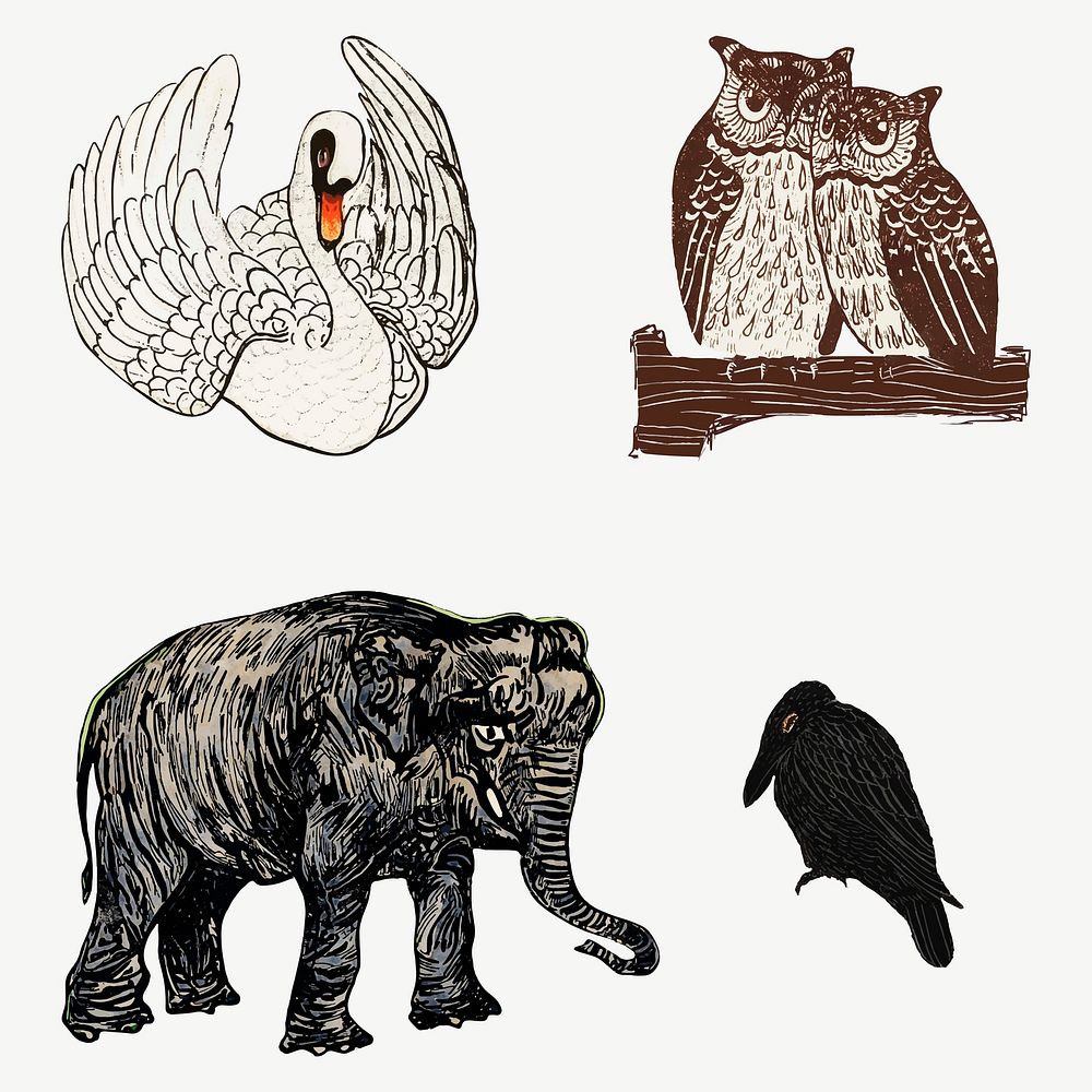 Vintage animal art print vector, remix from artworks by Theo van Hoytema