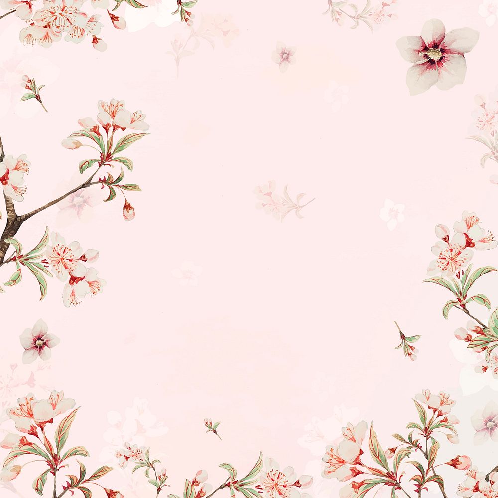 Pink loral frame vector peach blossoms and hibiscus art print, remix from artworks by Megata Morikaga
