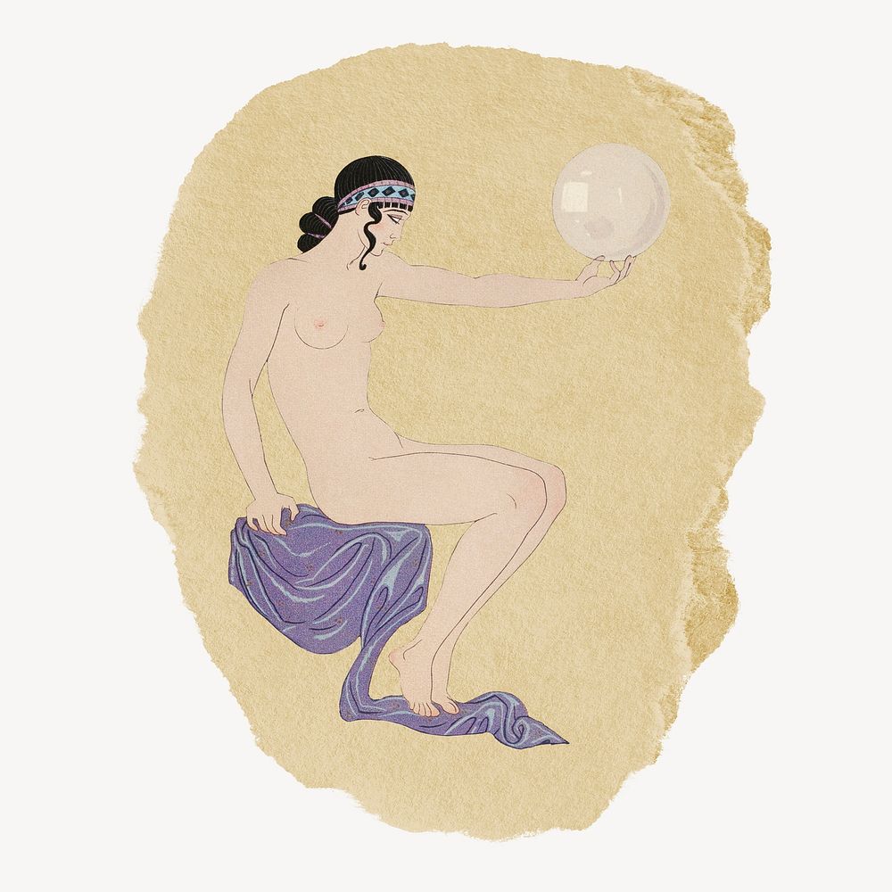 Seated woman illustration, George Barbier-inspired vintage artwork, ripped paper badge, remixed by rawpixel