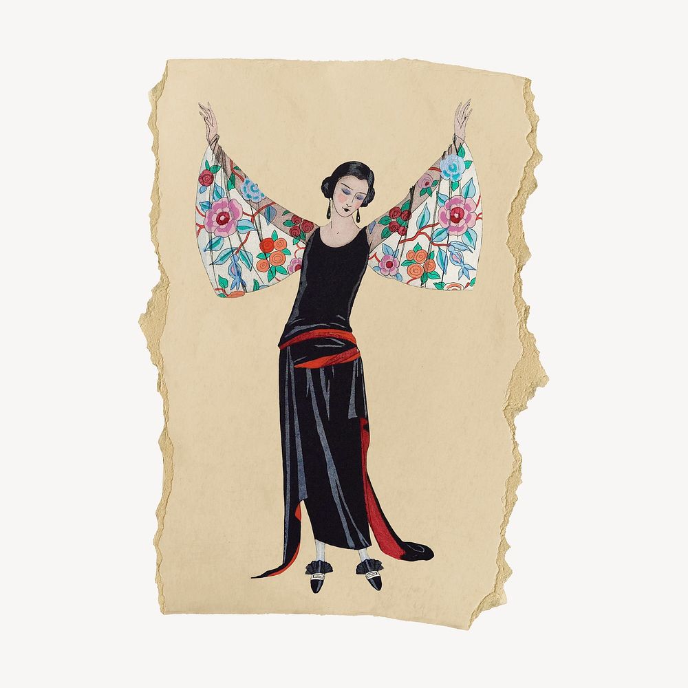 Art deco fashion illustration, George Barbier-inspired vintage artwork, ripped paper badge, remixed by rawpixel