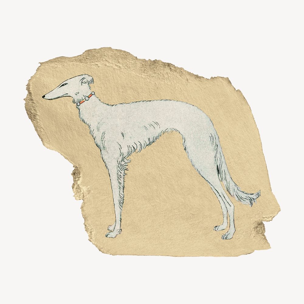 Greyhound dog illustration, George Barbier-inspired vintage artwork, ripped paper badge, remixed by rawpixel