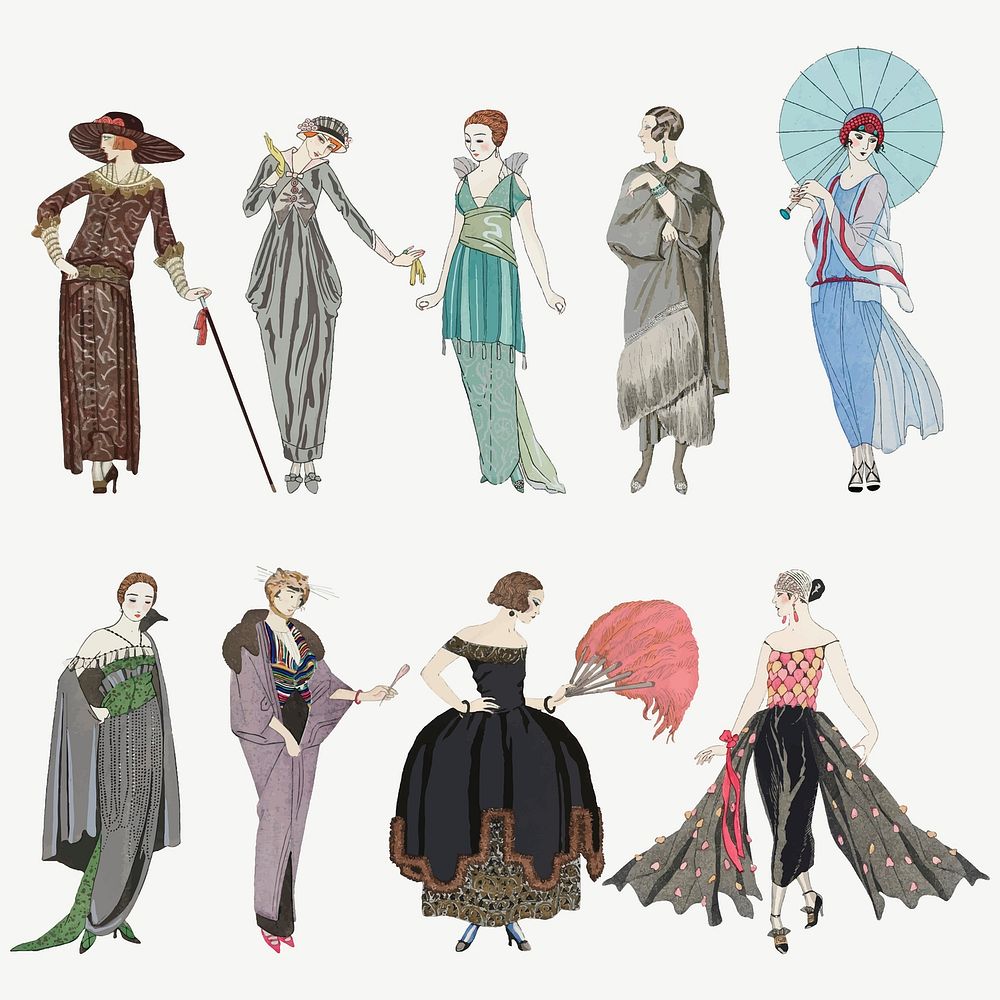 1920s women's fashion vector set, remix from artworks by George Barbier