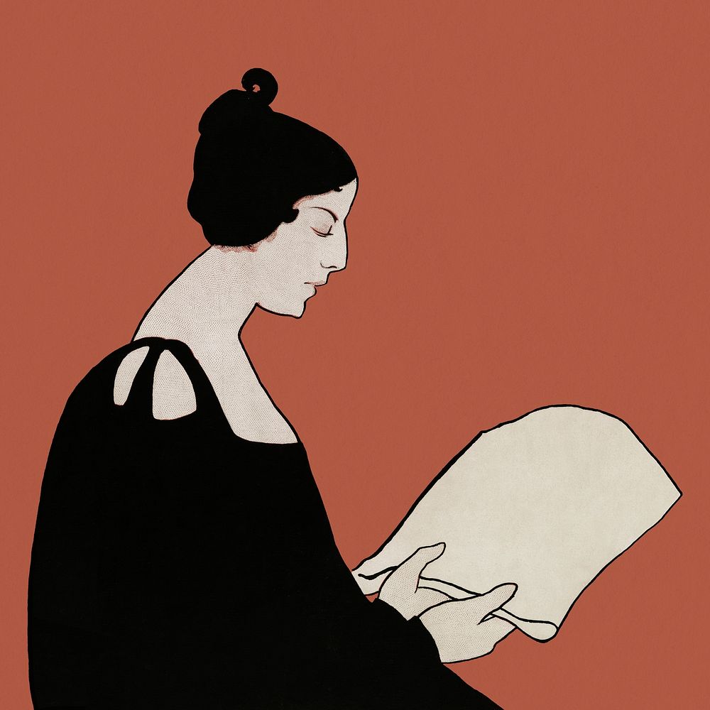 Woman reading a newspaper art nouveau style, remix from artworks by Ethel Reed