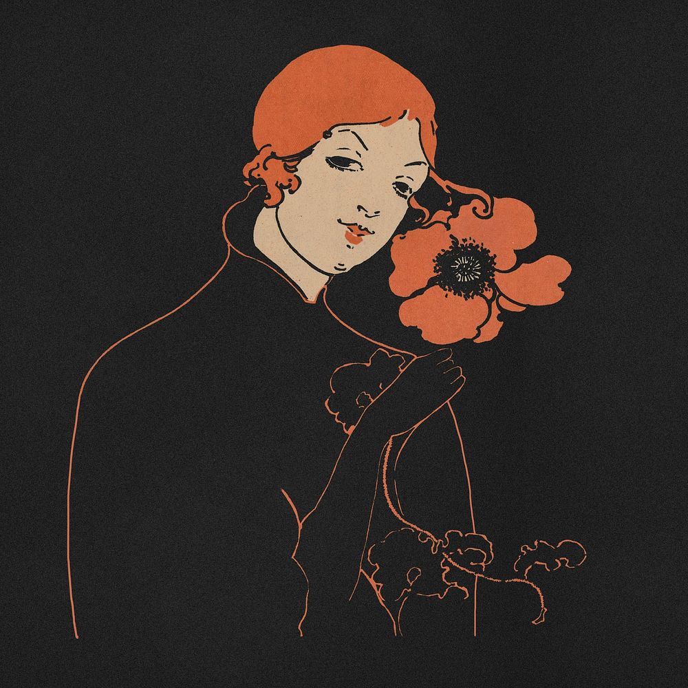 Vintage woman holding flower art nouveau style, remix from artworks by Ethel Reed