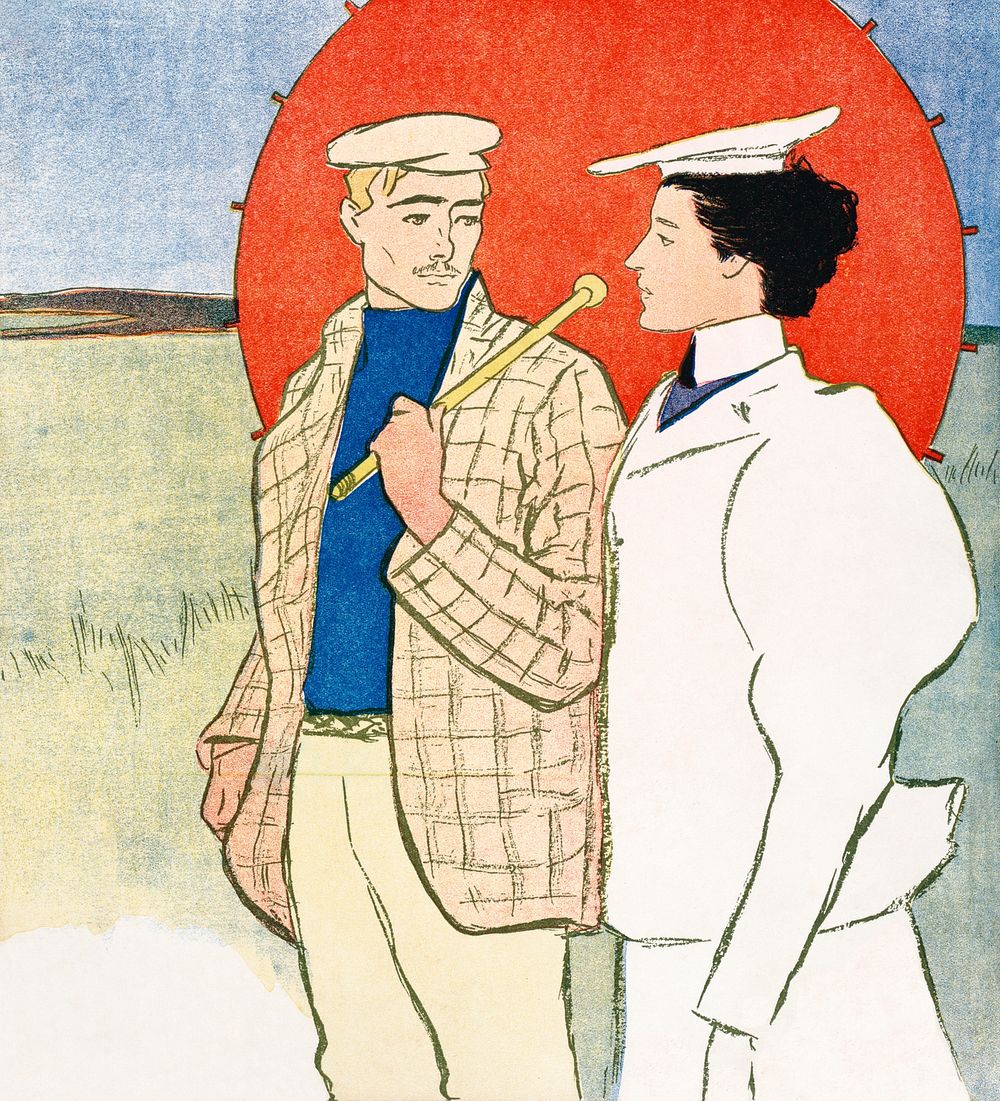 Couple with parasol illustration, remixed from artworks by Edward Penfield