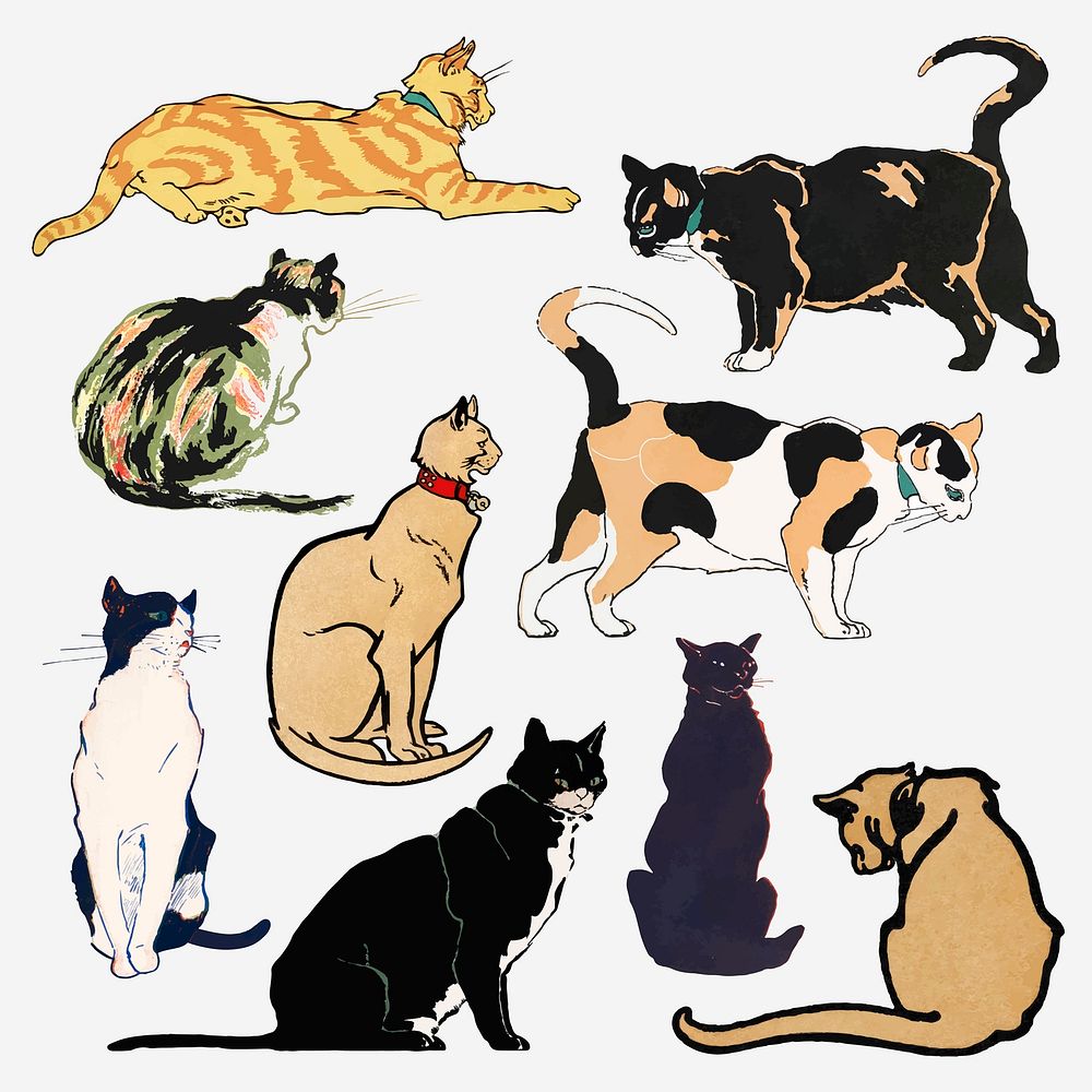 Cat vector art print set, remixed from artworks by Edward Penfield