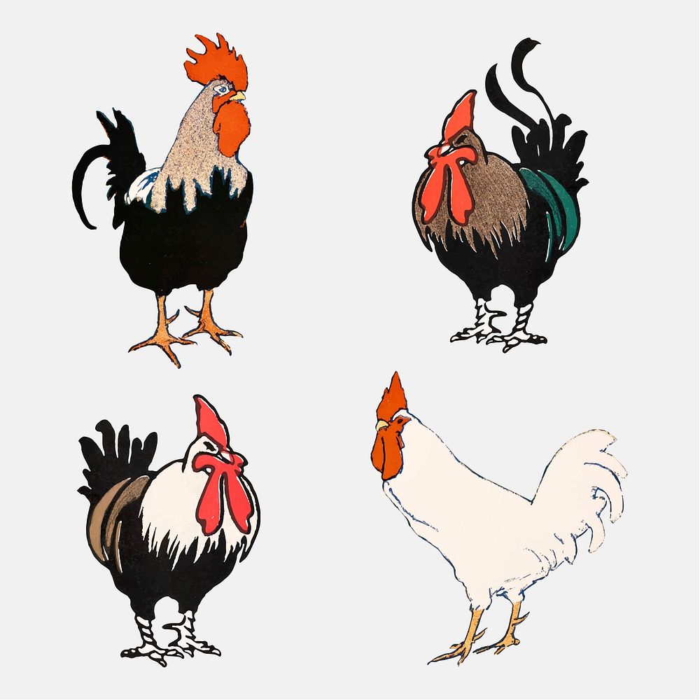 Chicken vector art print set, remixed from artworks by Edward Penfield