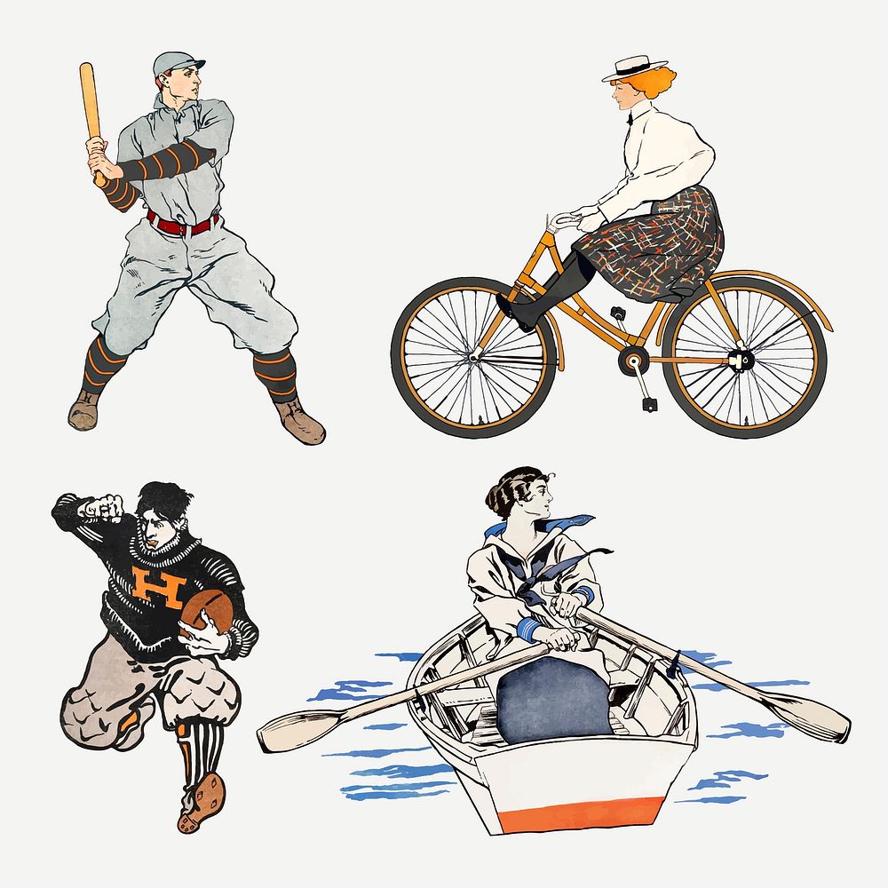 Vintage American sport vector illustration set, remixed from artworks by Edward Penfield