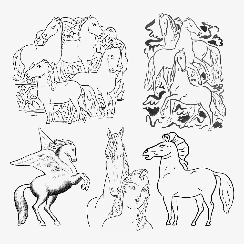 Vintage horse vector hand drawn illustration set, remixed from artworks from Leo Gestel