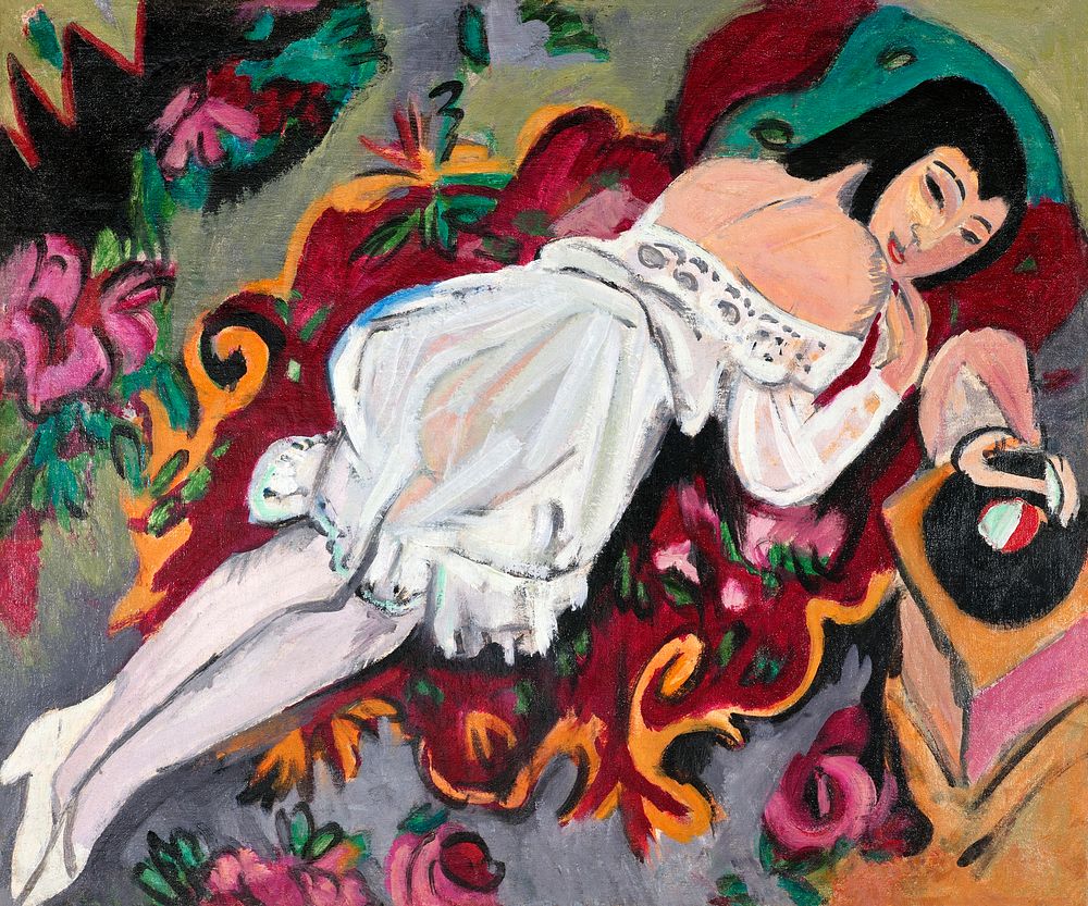 Girl in White Chemise (1914) painting in high resolution by Ernst Ludwig Kirchner. Original from Yale University Art…