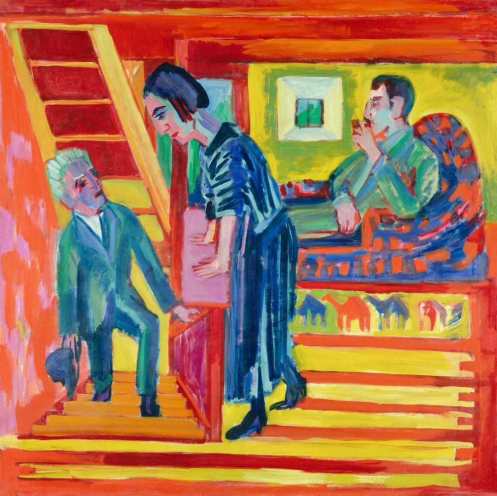 The Visit - Couple and Newcomer (1922) painting in high resolution by Ernst Ludwig Kirchner. Original from The National…