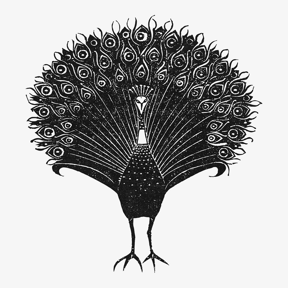 Vintage peacock vector in black print, remixed from artworks by Gerrit Willem Dijsselhof
