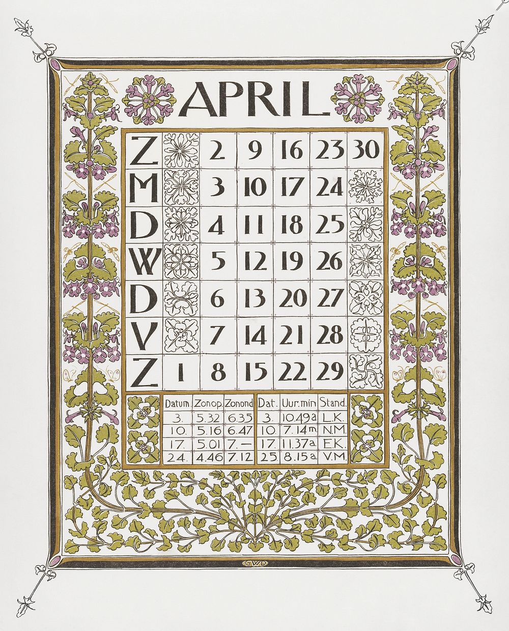 Calendar for April 1899 (1898) print in high resolution by Gerrit Willem Dijsselhof. Original from the Rijksmuseum.…