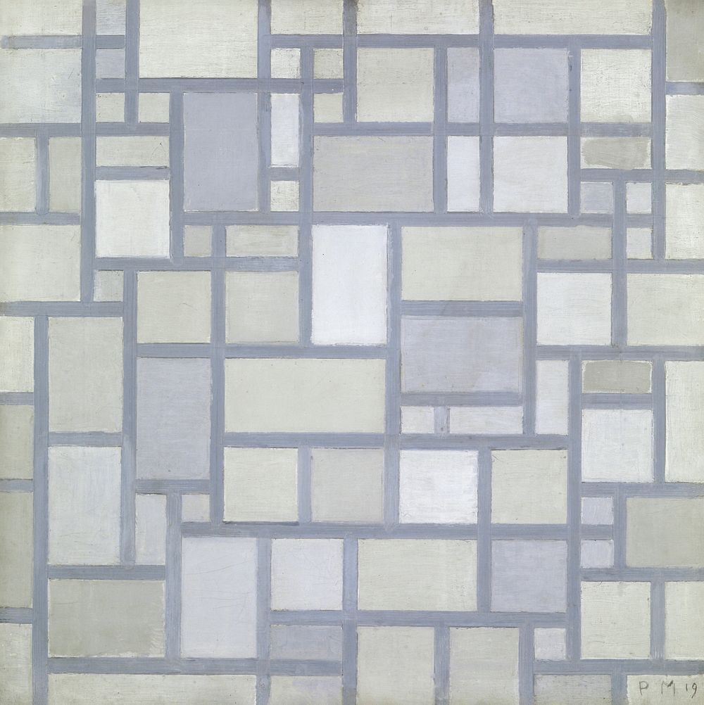 Composition in bright colors with gray lines (1919) painting in high resolution by Piet Mondrian. Original from the…