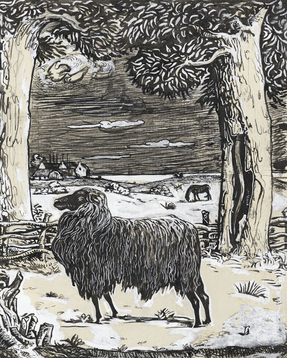 Sheep in a landscape with two trees (1878&ndash;1938) drawing in high resolution by Richard Roland Holst. Original from the…