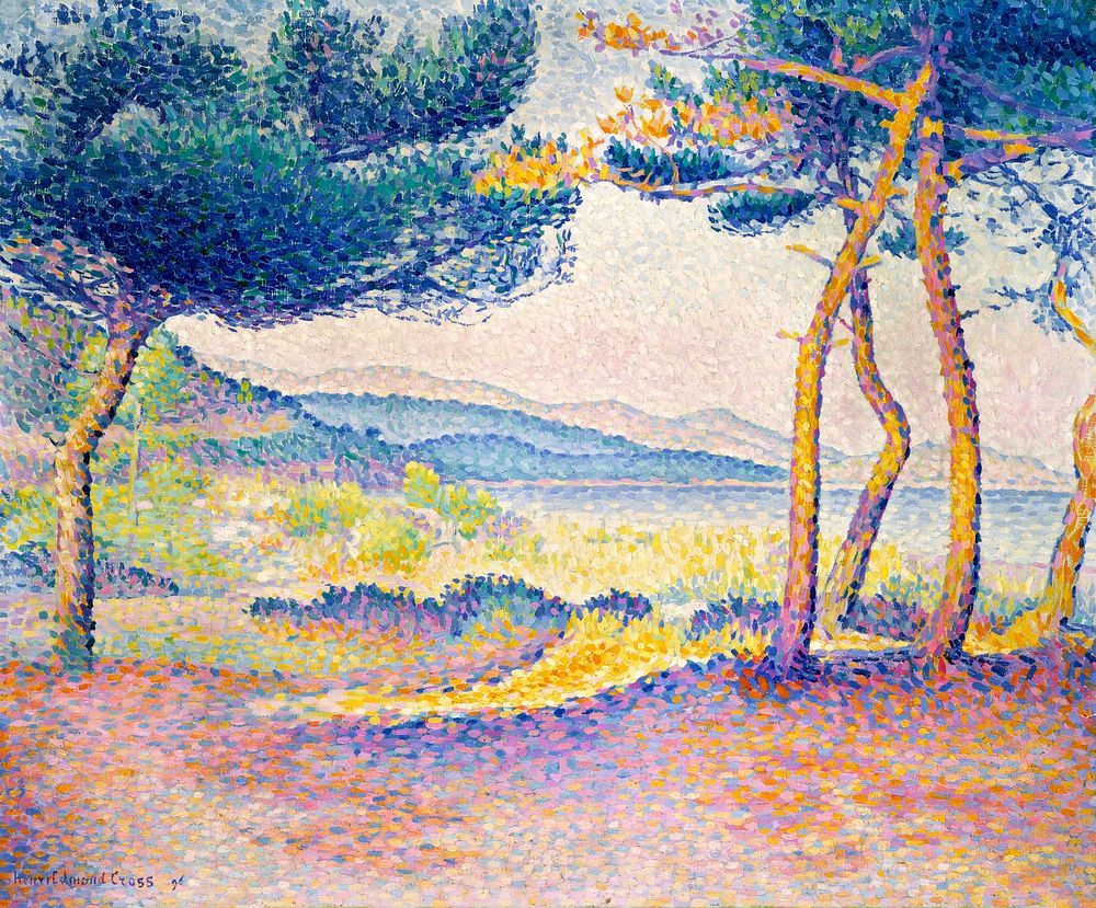 Pines Along the Shore (1896) painting in high resolution by Henri-Edmond Cross. Original from The MET Museum. Digitally…
