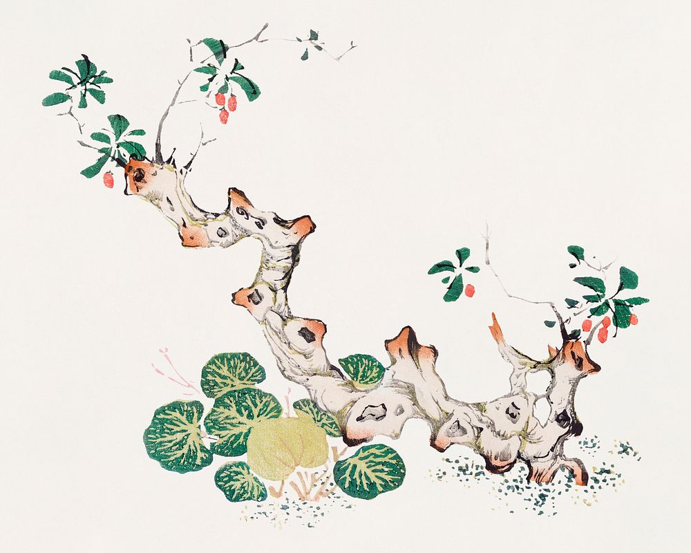 Vintage botanical art print, remixed from artworks by Hu Zhengyan