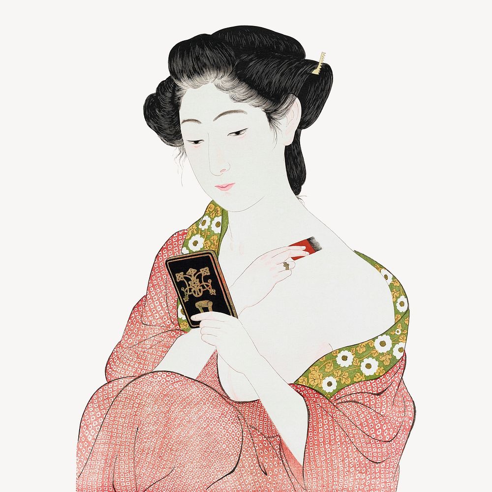 Hashiguchi's woman applying powder collage element, vintage illustration psd