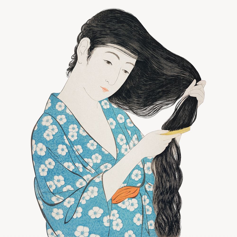 Hashiguchi's Woman Combing Her Hair vintage illustration