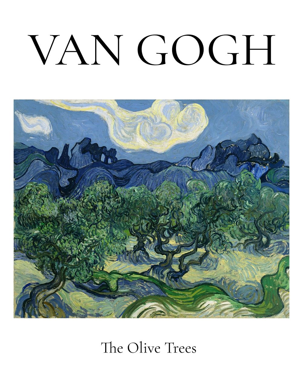 Van Gogh poster, famous landscape painting Olive Trees with the Alpilles in the Background wall art print decor.