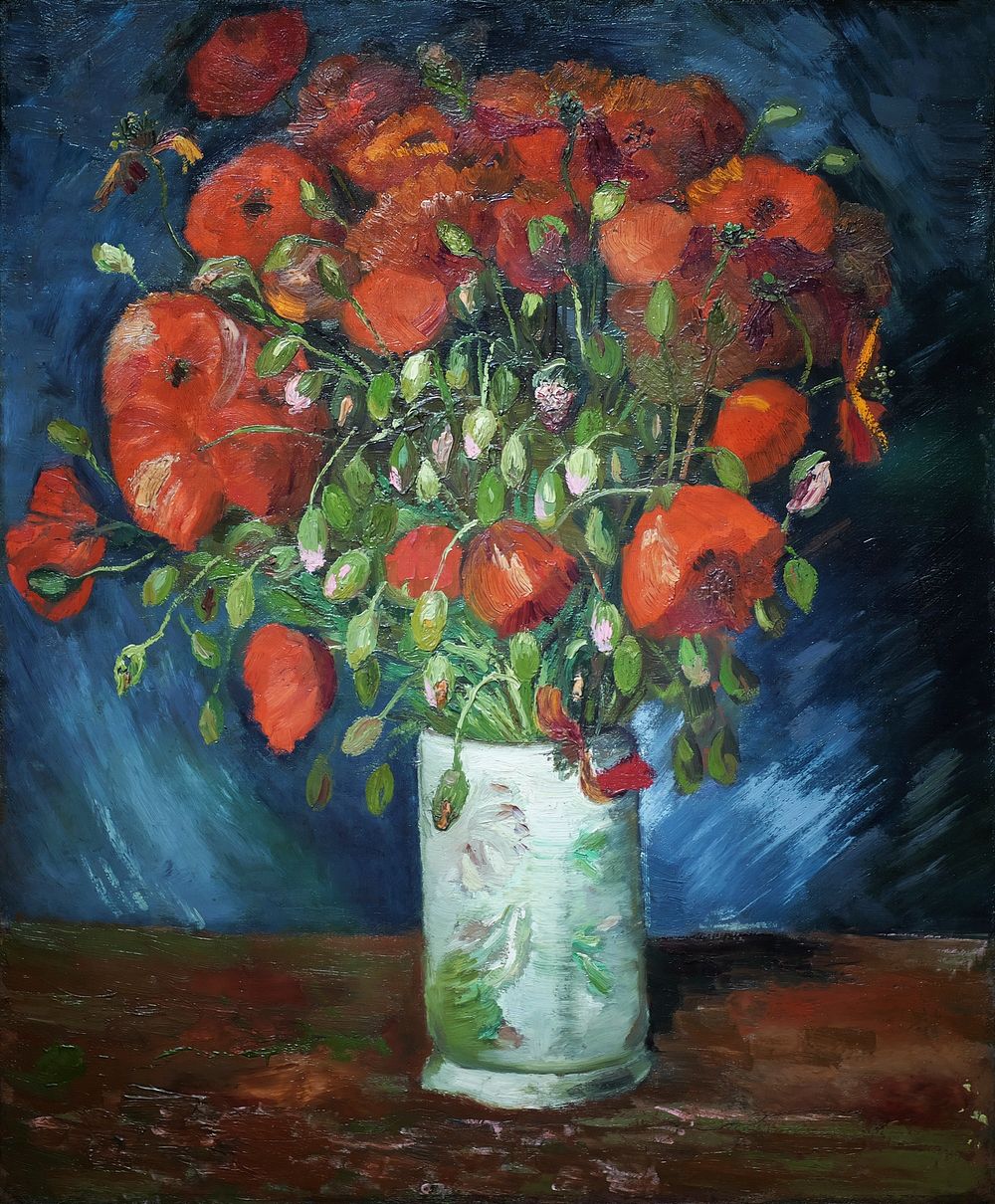 Vincent van Gogh's Vase with Poppies (1886) famous painting. Original from Wikimedia Commons. Digitally enhanced by rawpixel.