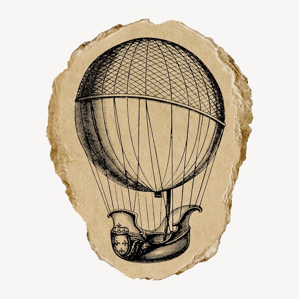 Air balloon illustration, vintage artwork, ripped paper badge