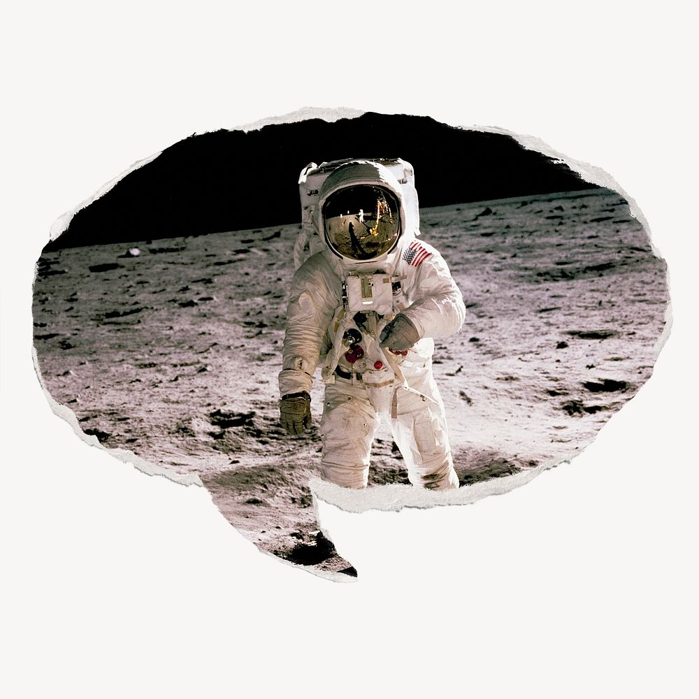 Astronaut on the moon, ripped paper speech bubble, space image