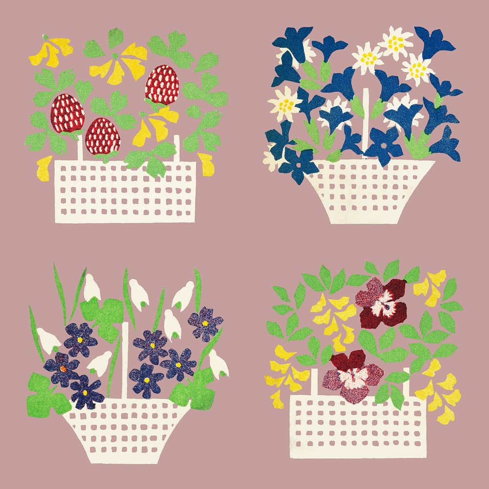 Vintage basket of flowers pack vector