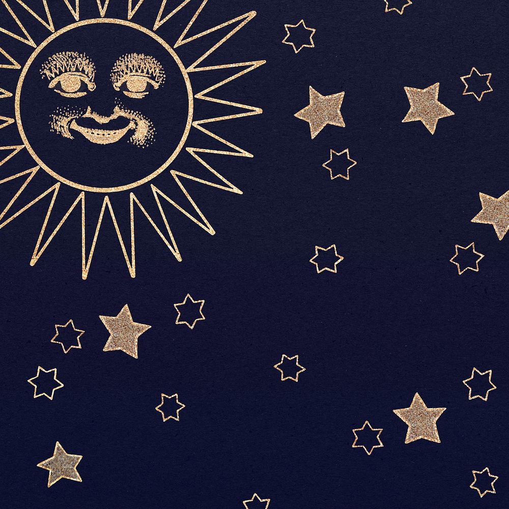 Gold celestial sun face and stars pattern on black background design element