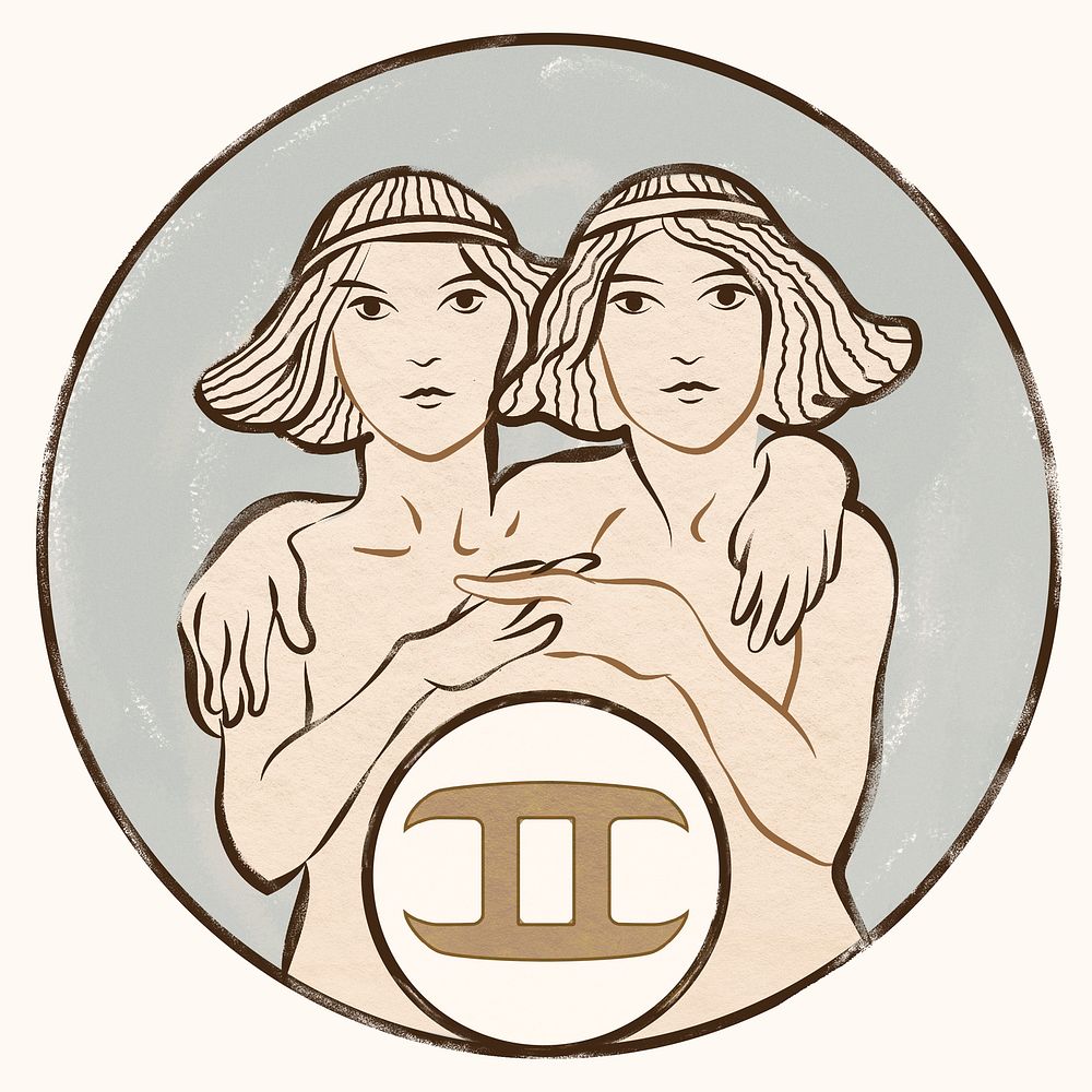 Art nouveau gemini zodiac sign psd, remixed from the artworks of Alphonse Maria Mucha