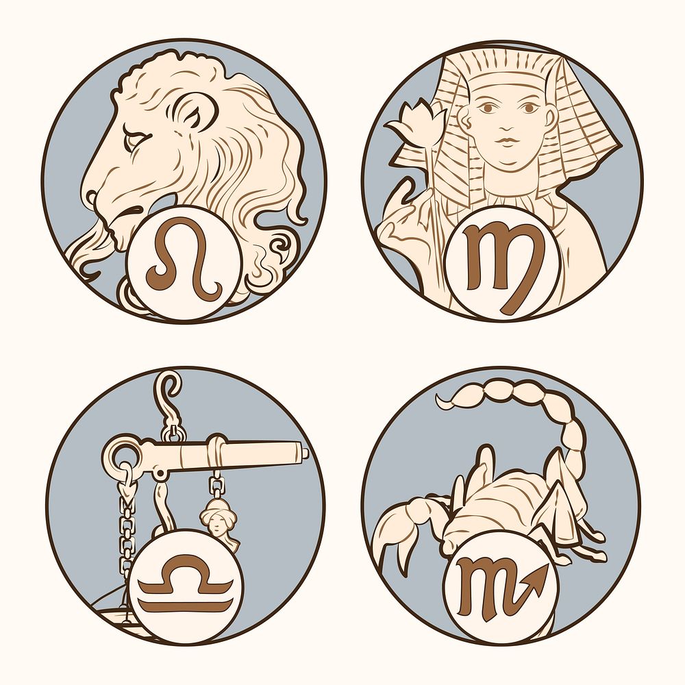 Art nouveau leo, virgo, libra and scorpio zodiac signs vector, remixed from the artworks of Alphonse Maria Mucha