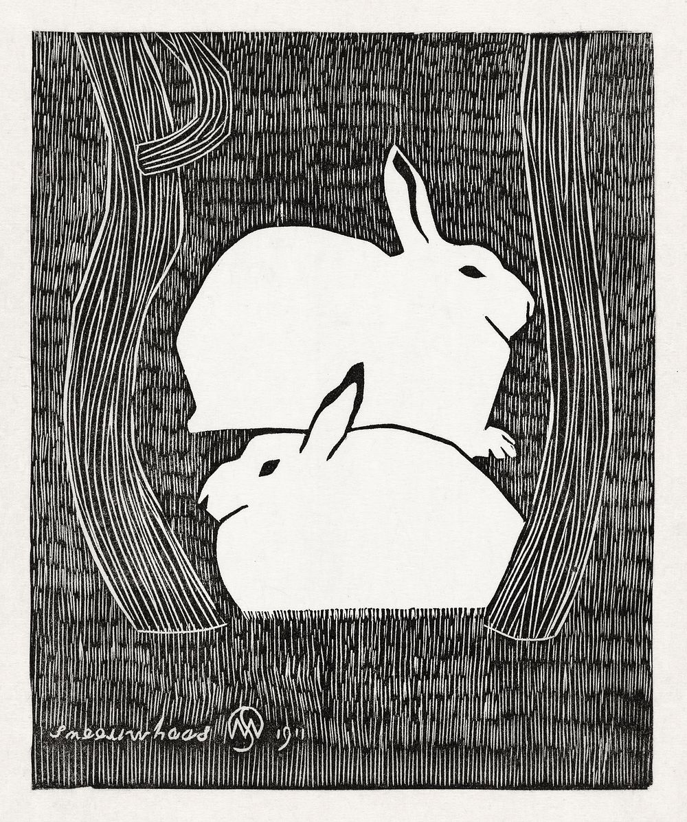 Two snow hares (Twee sneeuwhazen) (1911) print in high resolution by Samuel Jessurun de Mesquita. Original from The…