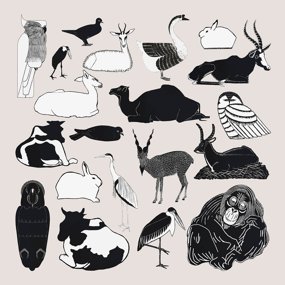 Vintage animal art print set vector, remix from artworks by Samuel Jessurun de Mesquita