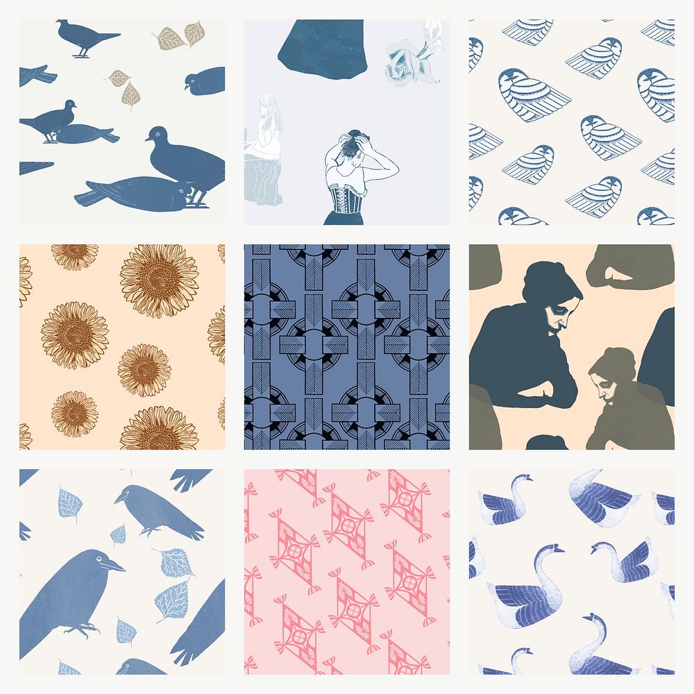 Mixed vintage pattern background vector set, remix from artworks by Samuel Jessurun de Mesquita