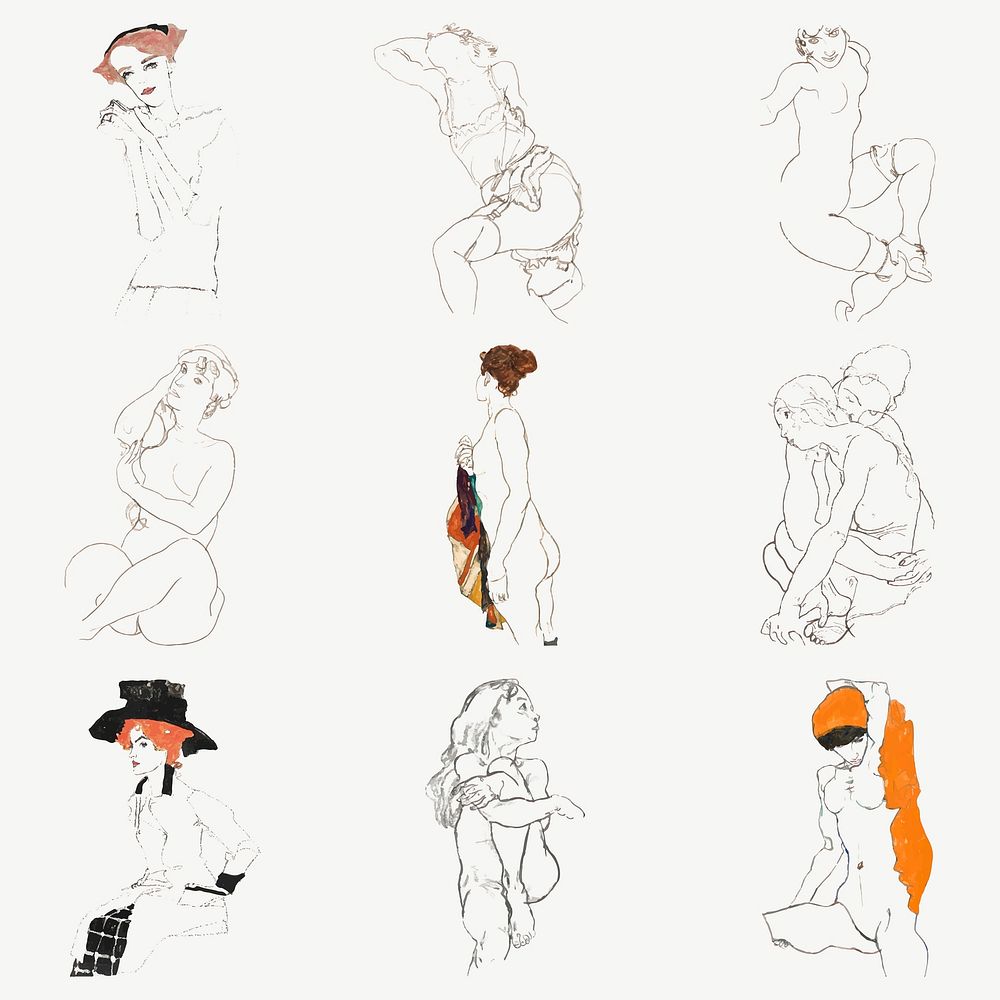 Vintage woman line art drawing vector set remixed from the artworks of Egon Schiele.