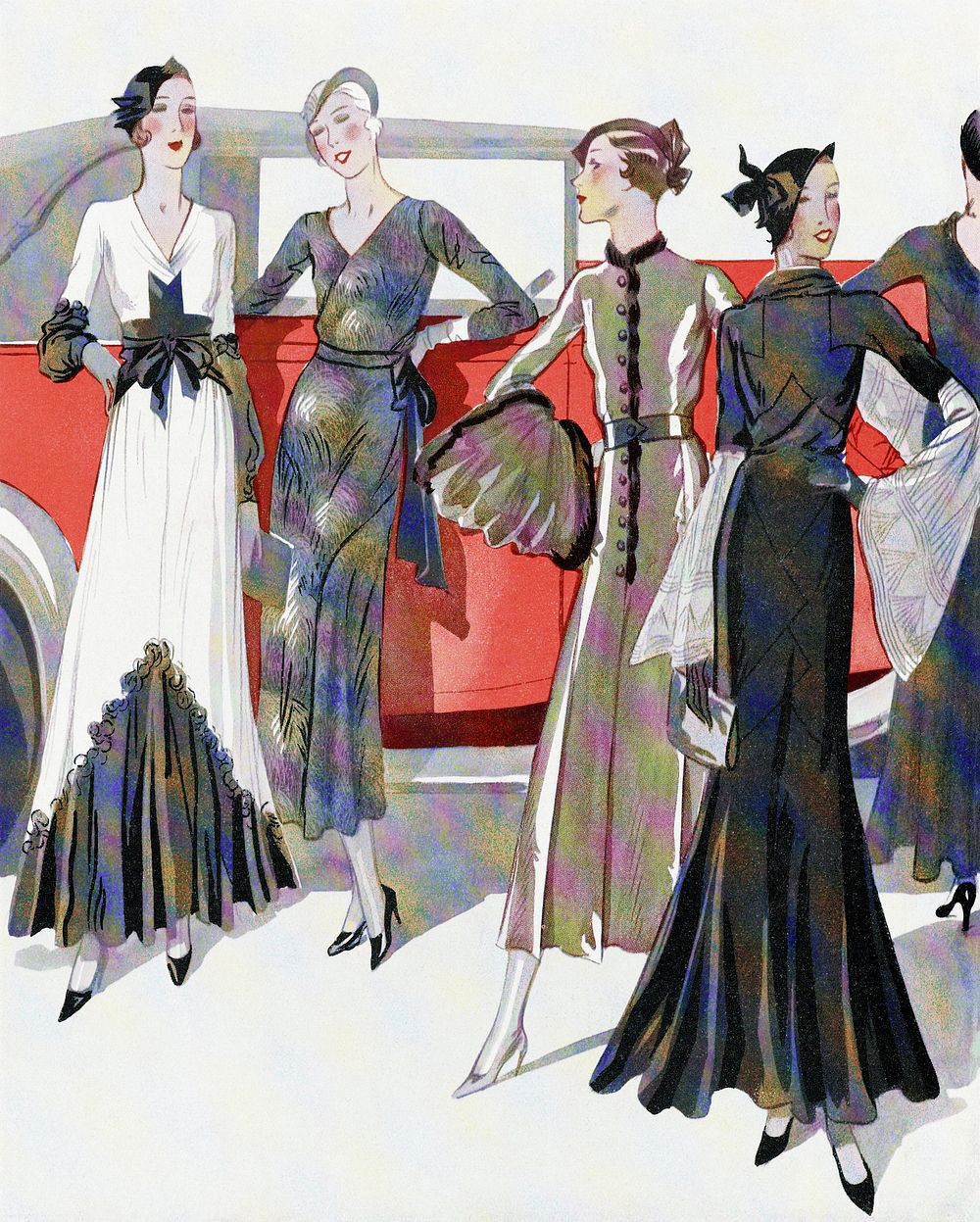 Four women by a car (1931) fashion illustration in high resolution by Worth, Martial et Armand and Dupouy-Magnin. Original…